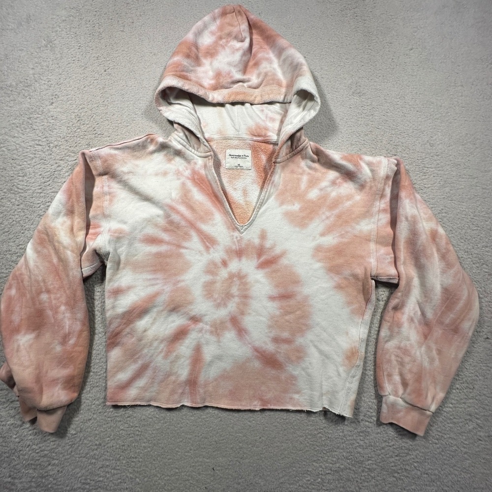 Abercrombie & Fitch Hoodie Women XS Peach Tie Dye Cropped V-Neck Soft Fleece